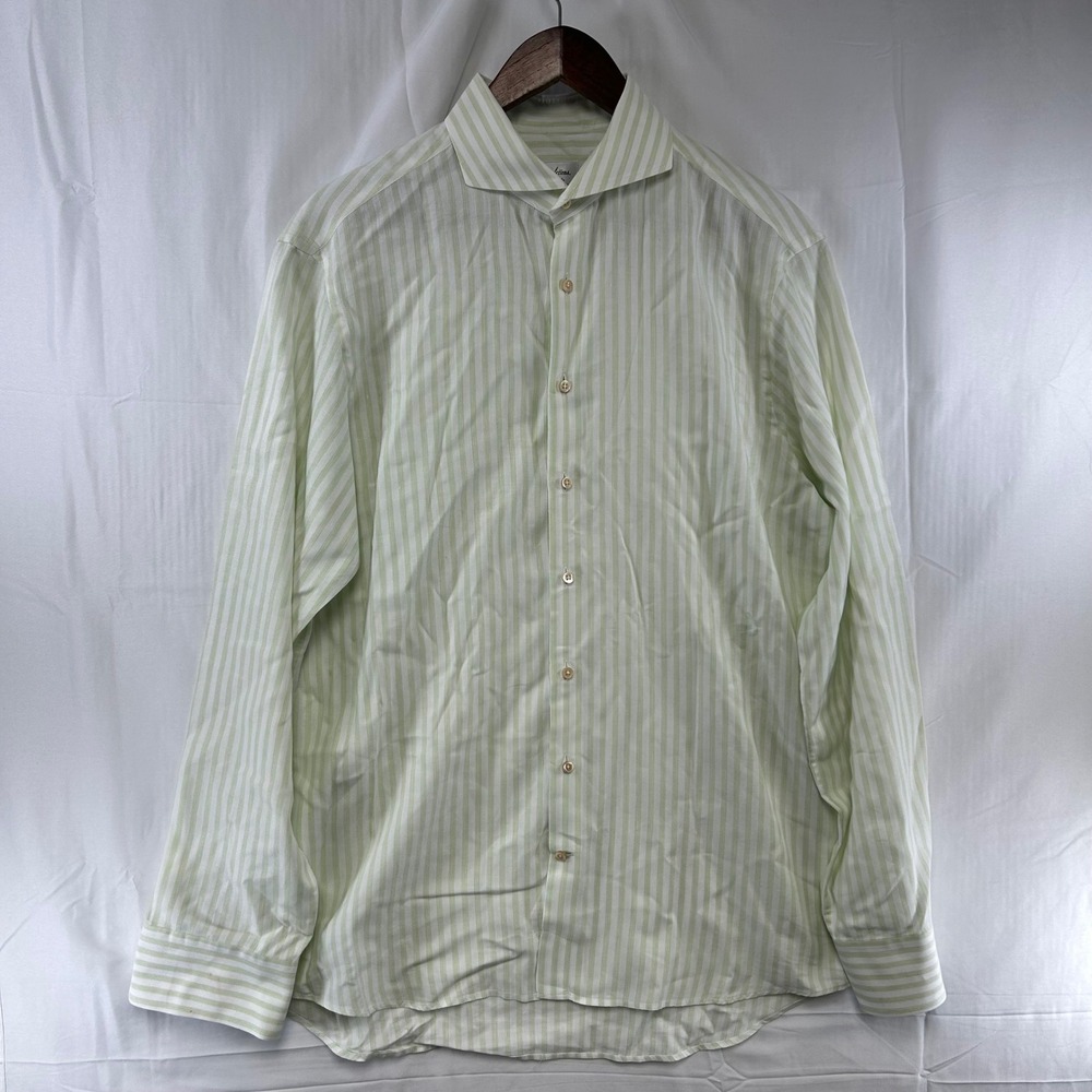 Stenströms Button Up Mens 16.5 Green Striped Cotton Linen Fitted Body